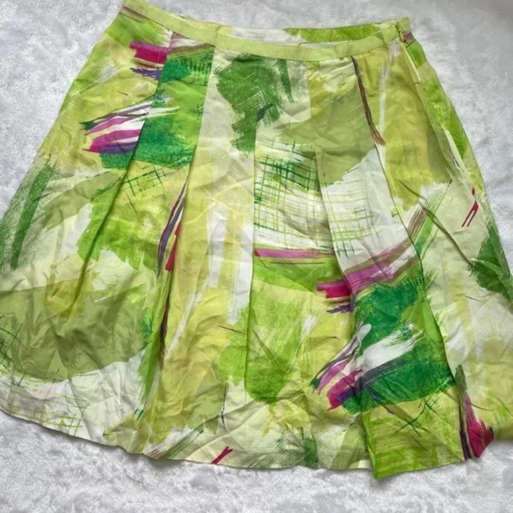 Melrose Women's Green, Pink 100% Silk Unlined Lightweight Pleated‎ Skirt Size 10